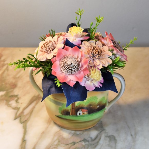 Antique lusterware hand painted lighthouse sugar bowl with Sola Wood flowers - Picture 7 of 9